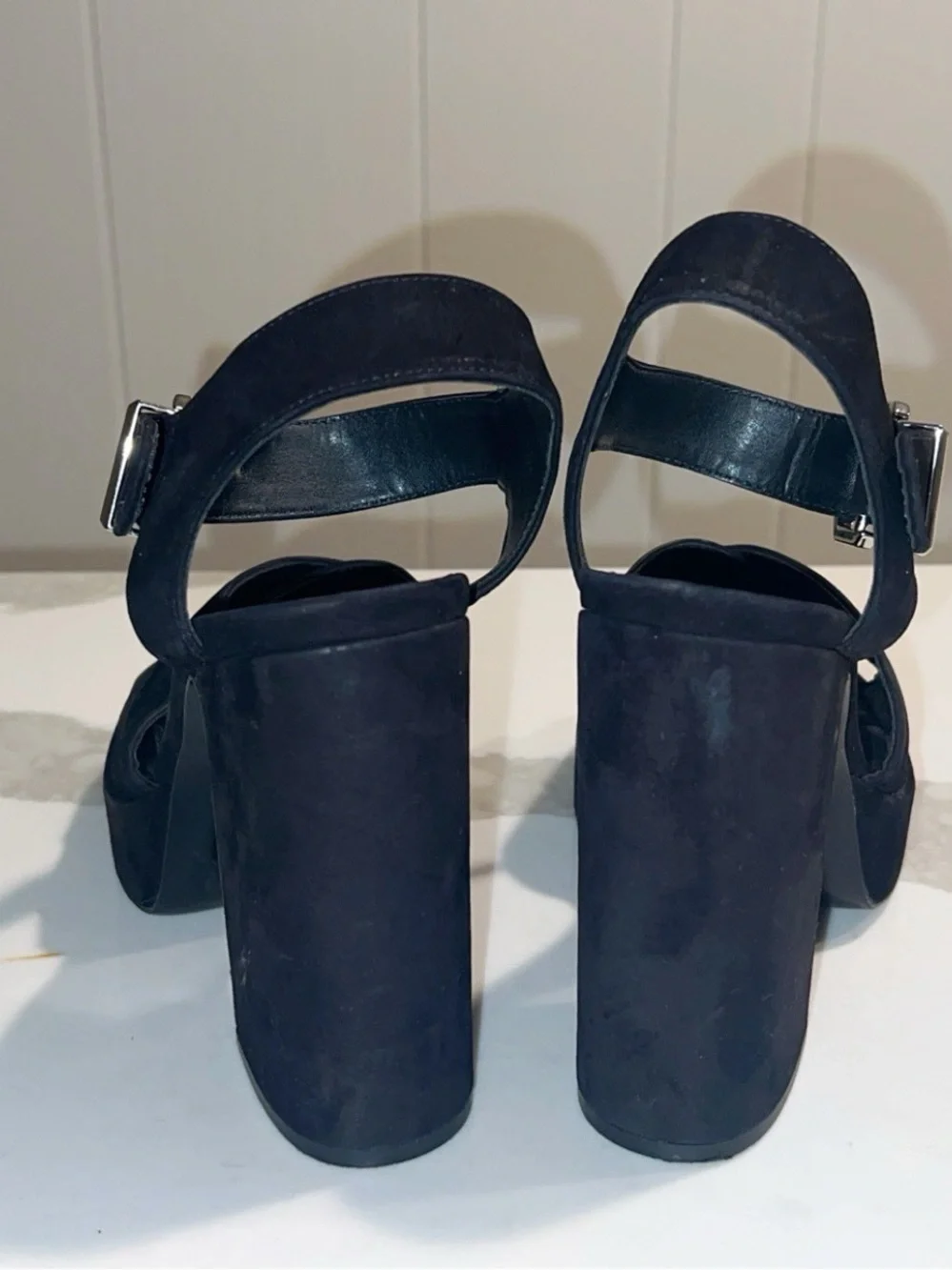 SCHUTZ Chunky Platform Ankle Strap Heels in Black Suede